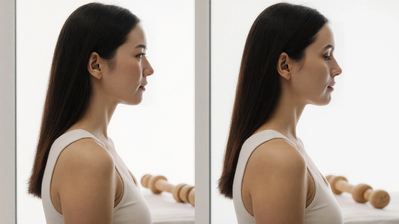 Porovnání před a po maderoterapii: jemnější kontura těla s dřevěnými nástroji v pozadí.