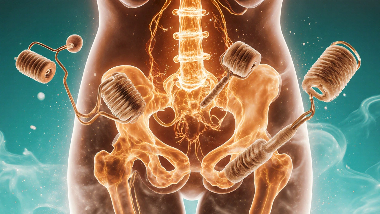 Stylizovaný obraz těla s osvětlenými lymfatickými cestami a dřevěnými nástroji.