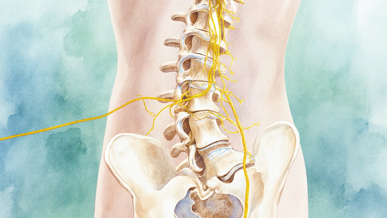 Ukázka výstupu bederní páteře s posunutými obratli a šířící se bolestí do nohy.