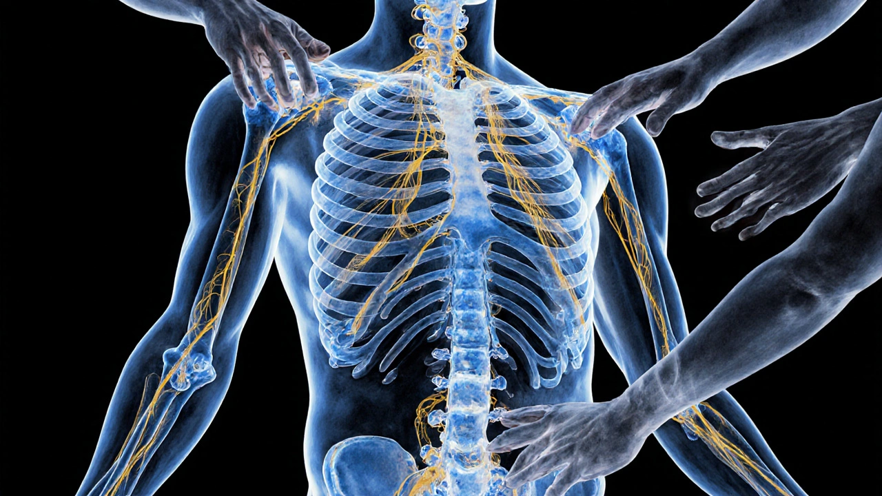 Abstraktní znázornění pohybu tekutin a energie v těle během Breussovy masáže.