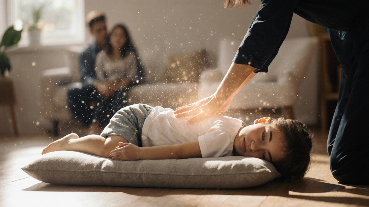 Dítě spí klidně, zatímco terapeutka jemně pracuje nad jeho zády.