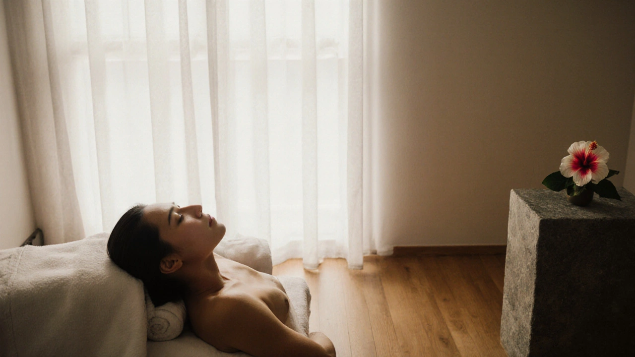 Klient po seanci Lomi Lomi leží v klidu, oči zavřené, slzy na tváři, ticho kolem.