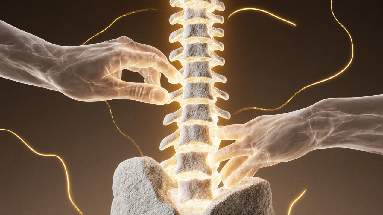 Kosterní struktura páteře a kyčle jako kameny, které jsou jemně přesunuty zpět do rovnováhy světlými rukama.