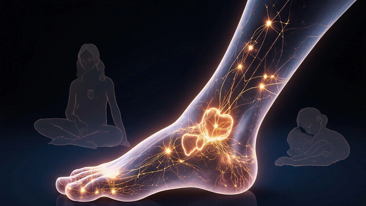 Kresba nohy s označenými reflexními body spojenými zlatými čarami s orgány v těle.