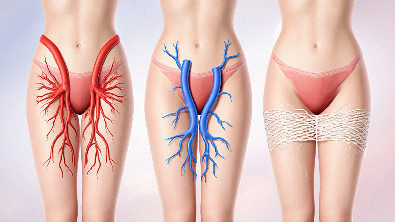 Křížový řez stehna znázorňující zlepšení oběhu, lymfatického odtoku a uvolnění spojivových vláken.