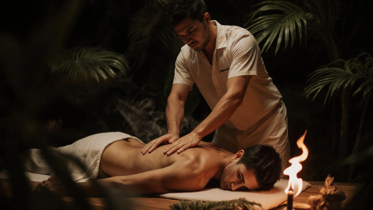 Masér obklopuje klienta plynulými pohyby, jako by vlny oceánu hladily tělo.