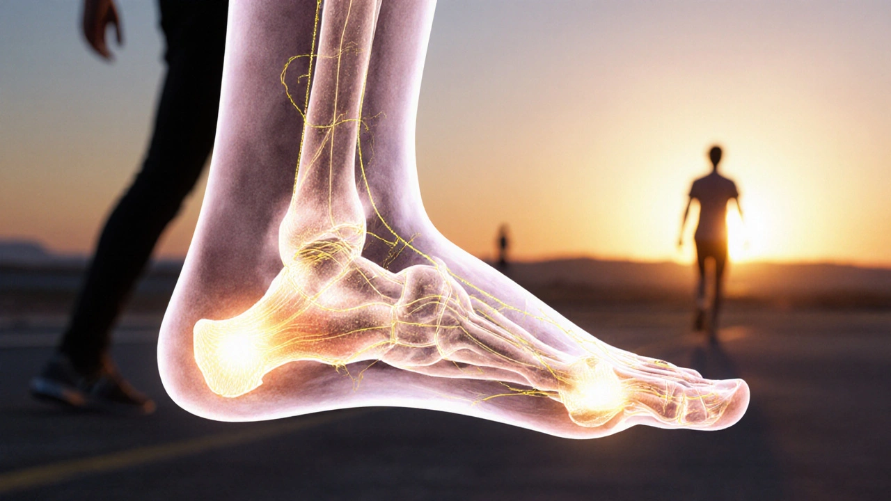 Nákres chodidla s označenými reflexními body spojenými s klouby.