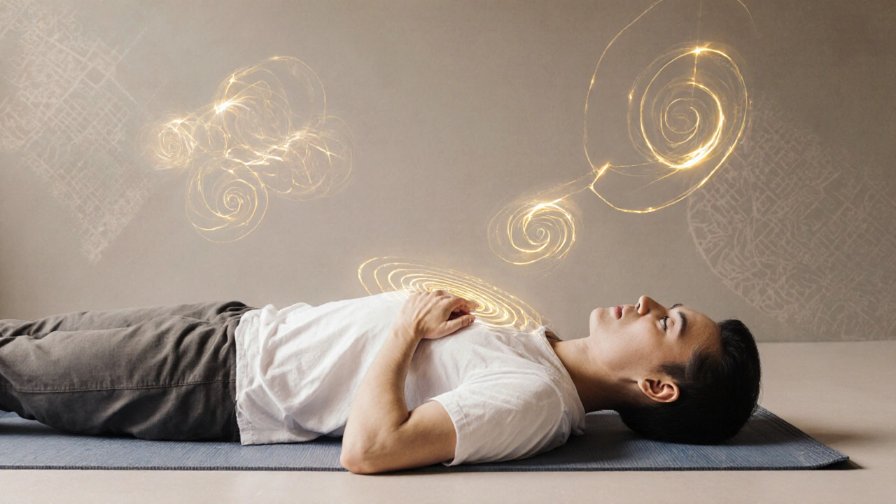 Osoba samotně provádí tantrickou masáž na vlastním těle, kolem ní se vznášejí zářivé symboly dechu.
