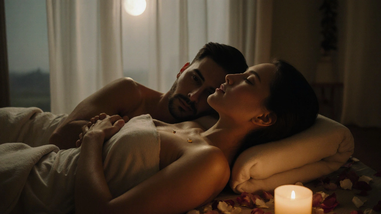 Pár po tantrické masáži leží v tichosti, ruce spojené, měkké osvětlení měsíčního světla.