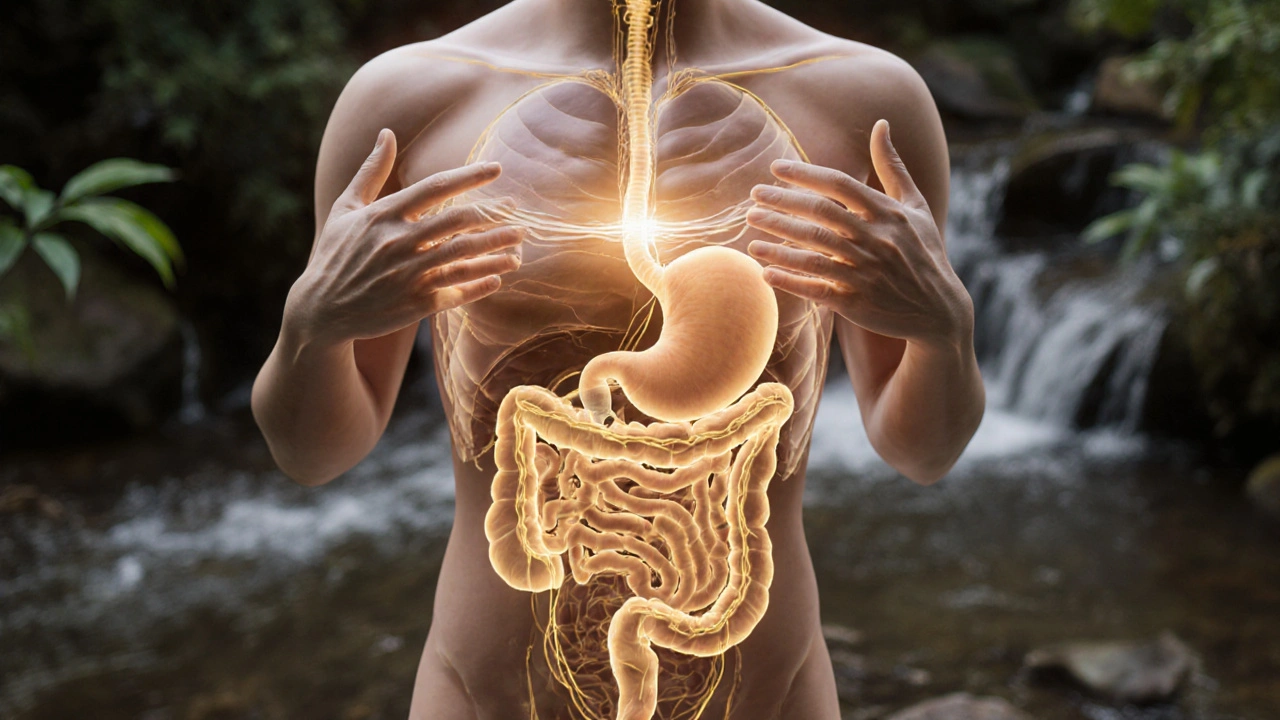 Přehled trávicího traktu s viditelným zlatým tokem energie pohybujícím se po směru hodinových ručiček.