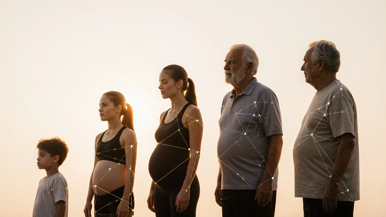 Různé věkové skupiny lidí stojí v harmonii, jejich klouby jsou spojeny jemnými čárami, symbolizujícími přirozenou rovnováhu těla.