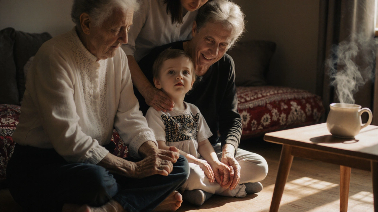 Stará žena a dítě dostávají jemnou břišní masáž společně v klidném domácím prostředí.