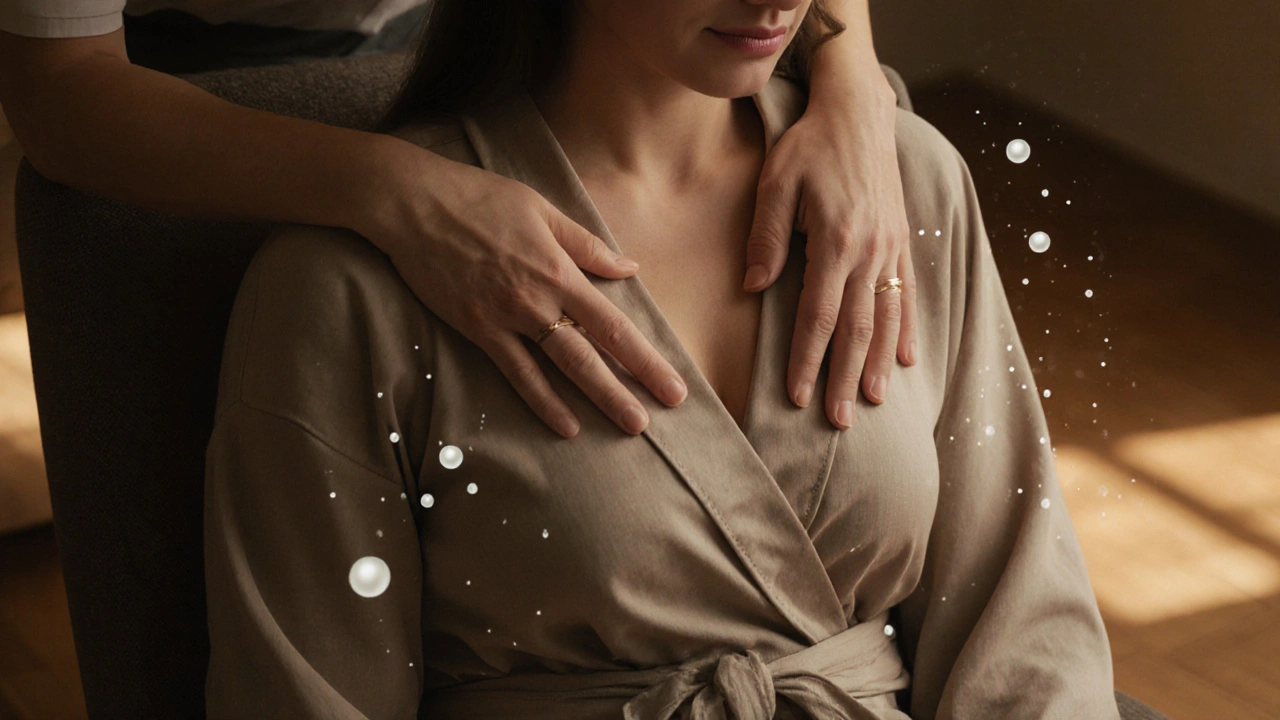 Terapeuta jemně masíruje prsa nové matce pro podporu laktace.