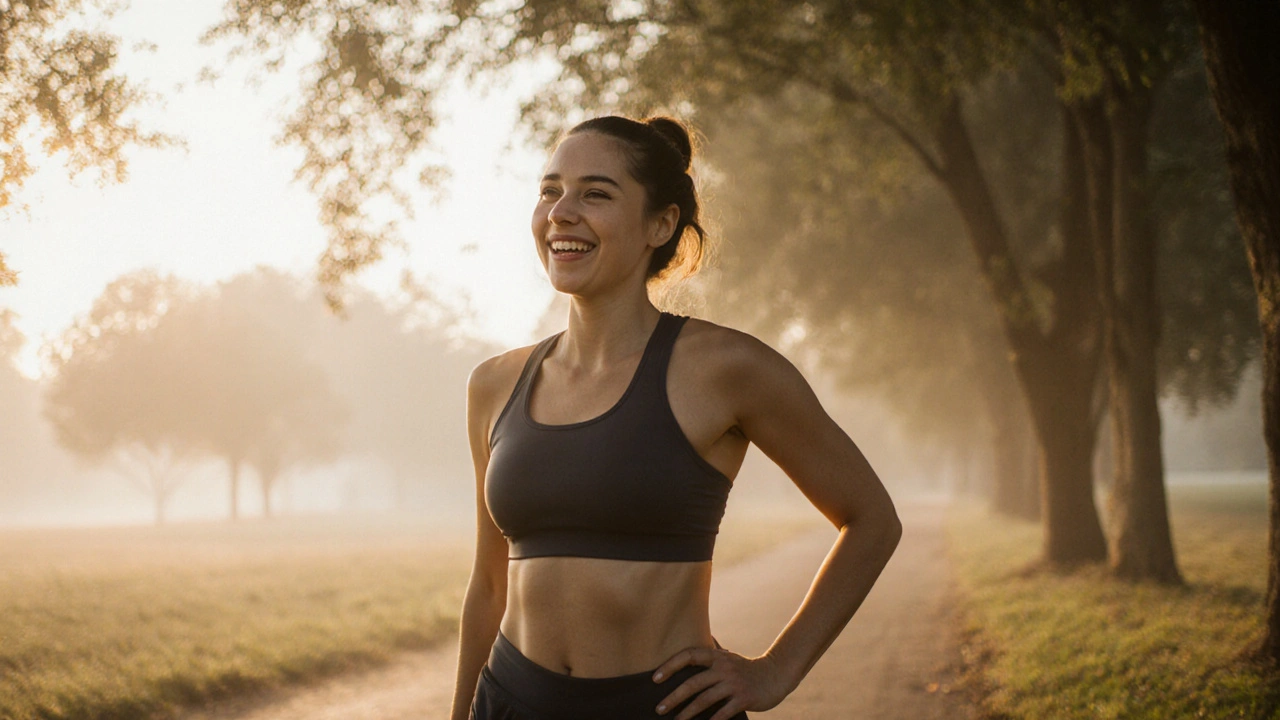 Žena kráčí v parku na ranním světle, zdůrazňující pohyb a konzistenci jako klíč k lepšímu vzhledu kůže.