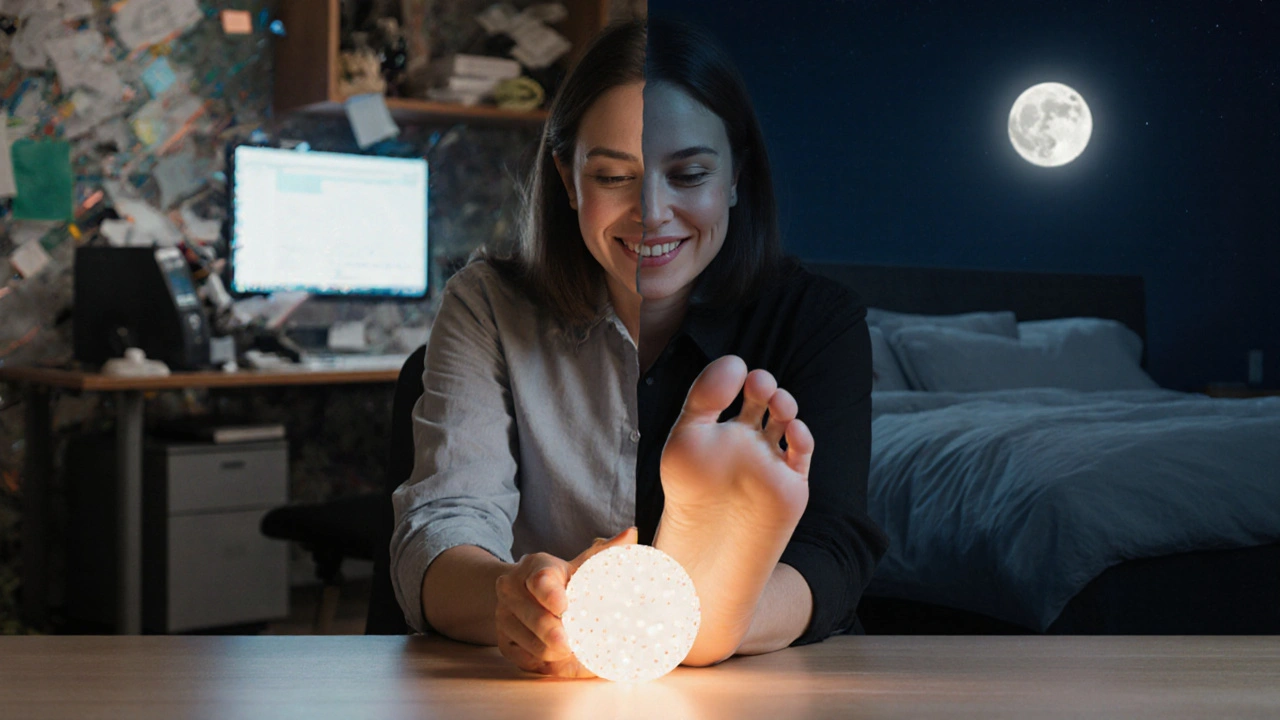 Žena masíruje nohu míčkem, za ní kontrast mezi stresem a klidem ve dvou scénách.