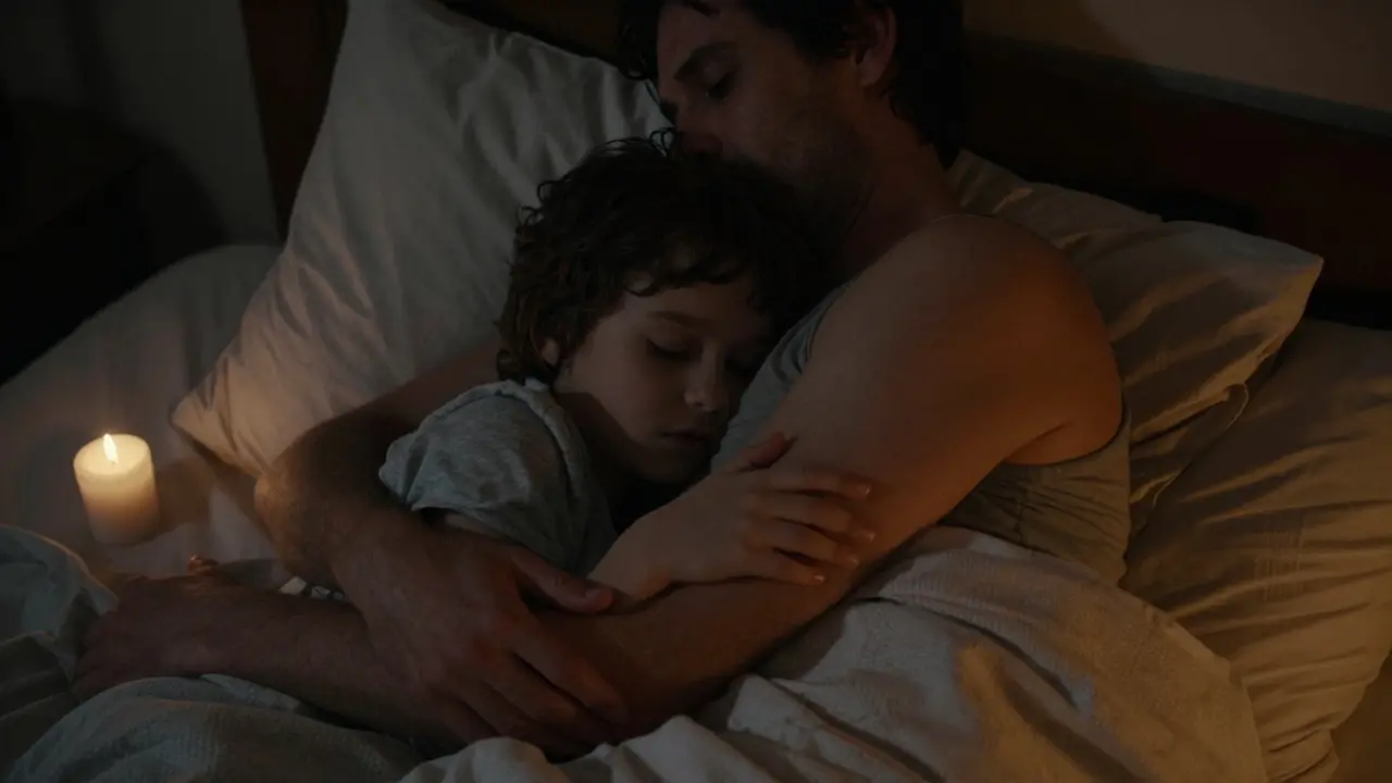 Dítě spí klidně v náručí rodiče, které mu jemně hladí záda ve večerní tichosti.