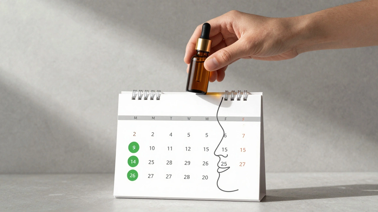 Kalendář s označenými dny masáže a náčrt obličeje jako symbol pravidelnosti.