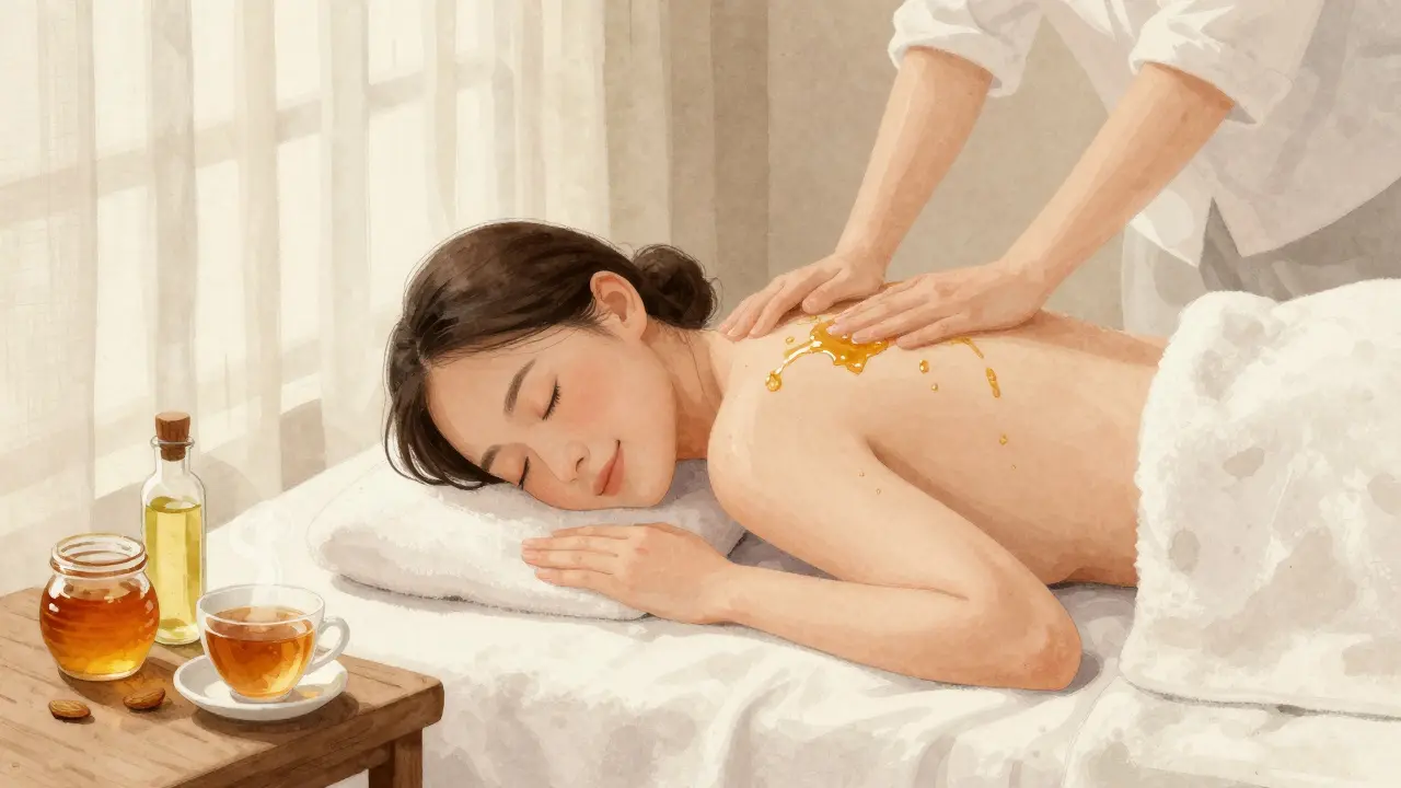 Osoba po medové masáži klidně odpočívá s jemným leskem medu na kůži.