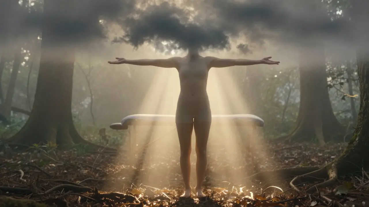 Osoba stojí bosá v lese, země vyzařuje zlatou energii, která jí protéká tělem.