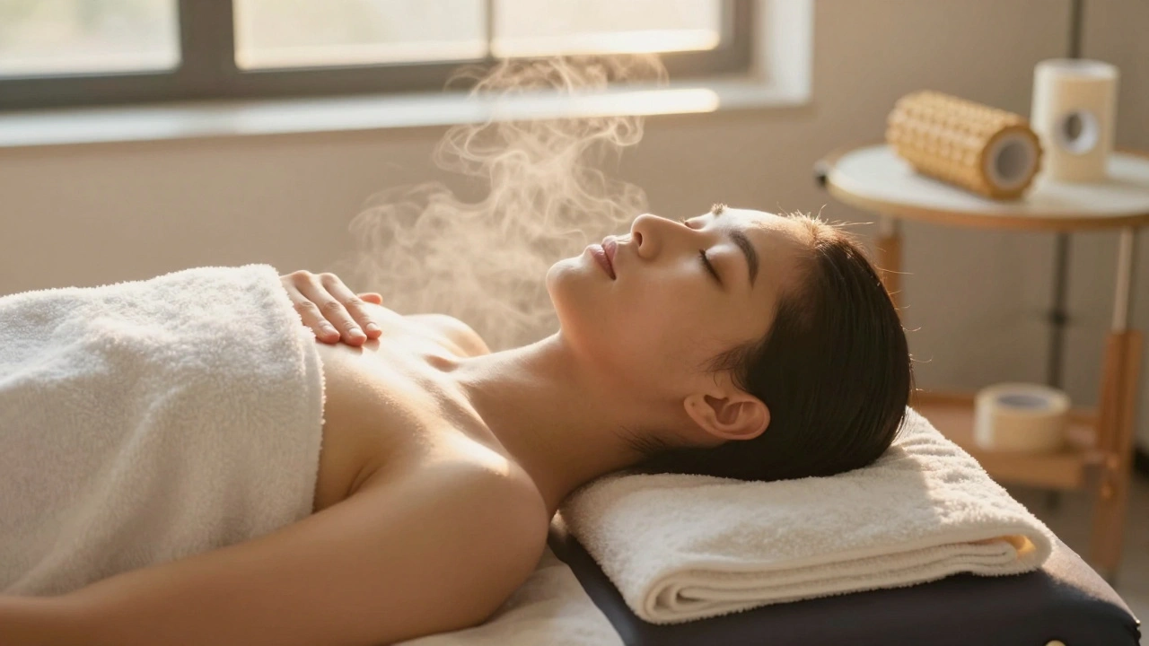 Plavec odpočívá po masáži v klidném prostředí s teplým světlem a nářadím pro domácí péči.