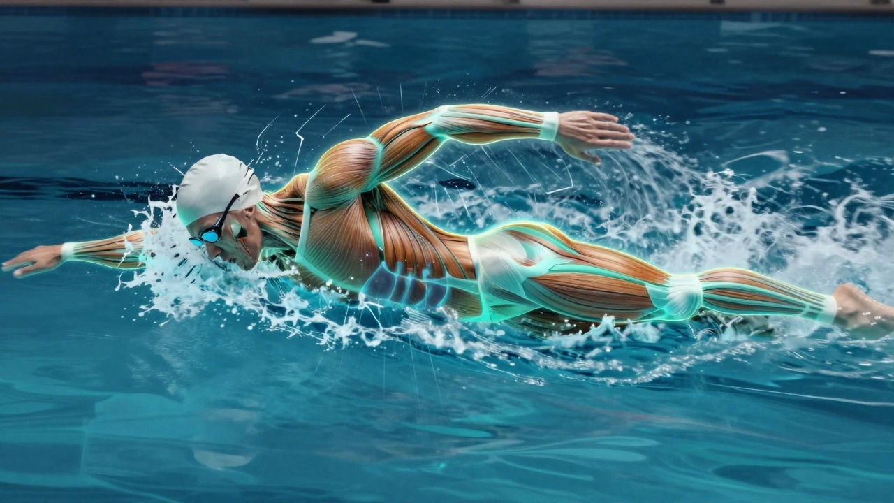 Plavec plave ve vodě s vykreslenými napjatými svalovými skupinami, které jsou zatíženy plaváním.