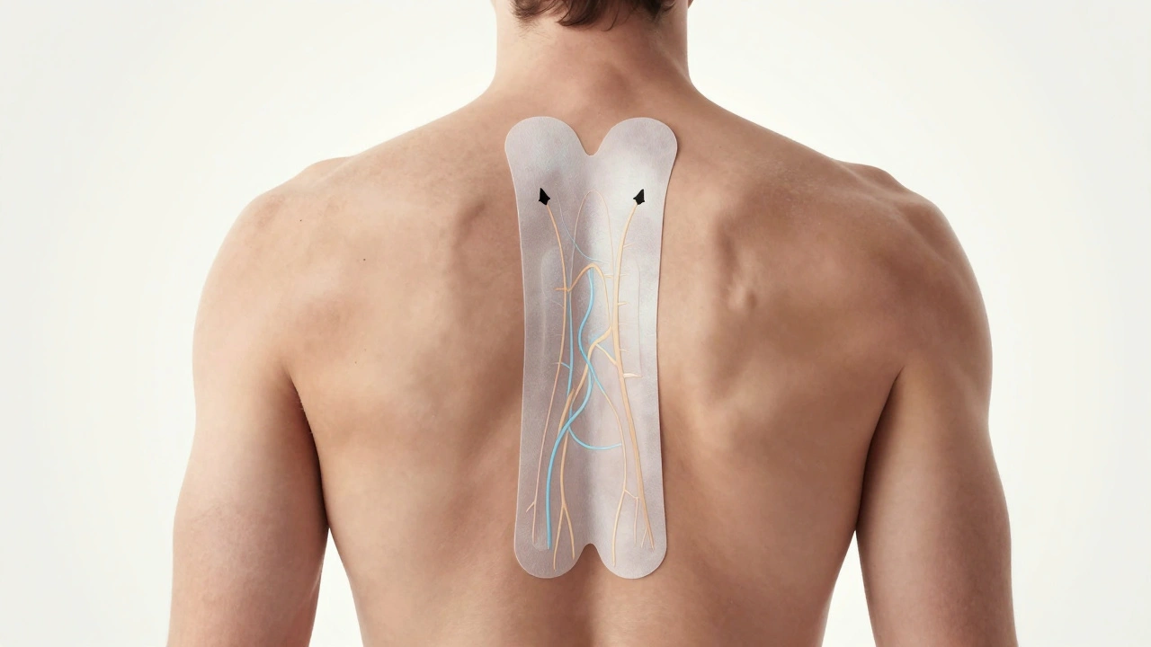 Přehled anatomie zad s naznačeným působením kinesiologického tejpování na nervy a tekutiny.