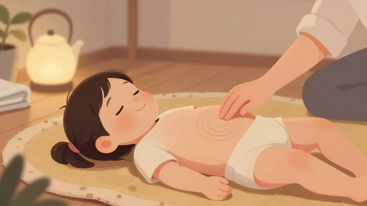 Rodič provádí jemné kruhové pohyby na bříšku batolata pro úlevu od kolik.