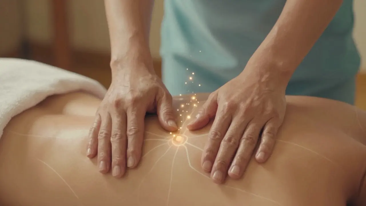 Ruce maséře se dotýkají záda a břicha, viditelné energetické cesty v těle.
