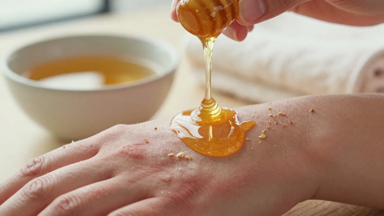 Ruce masírují med na předloktí, odstraňují mrtvé buňky kůže.