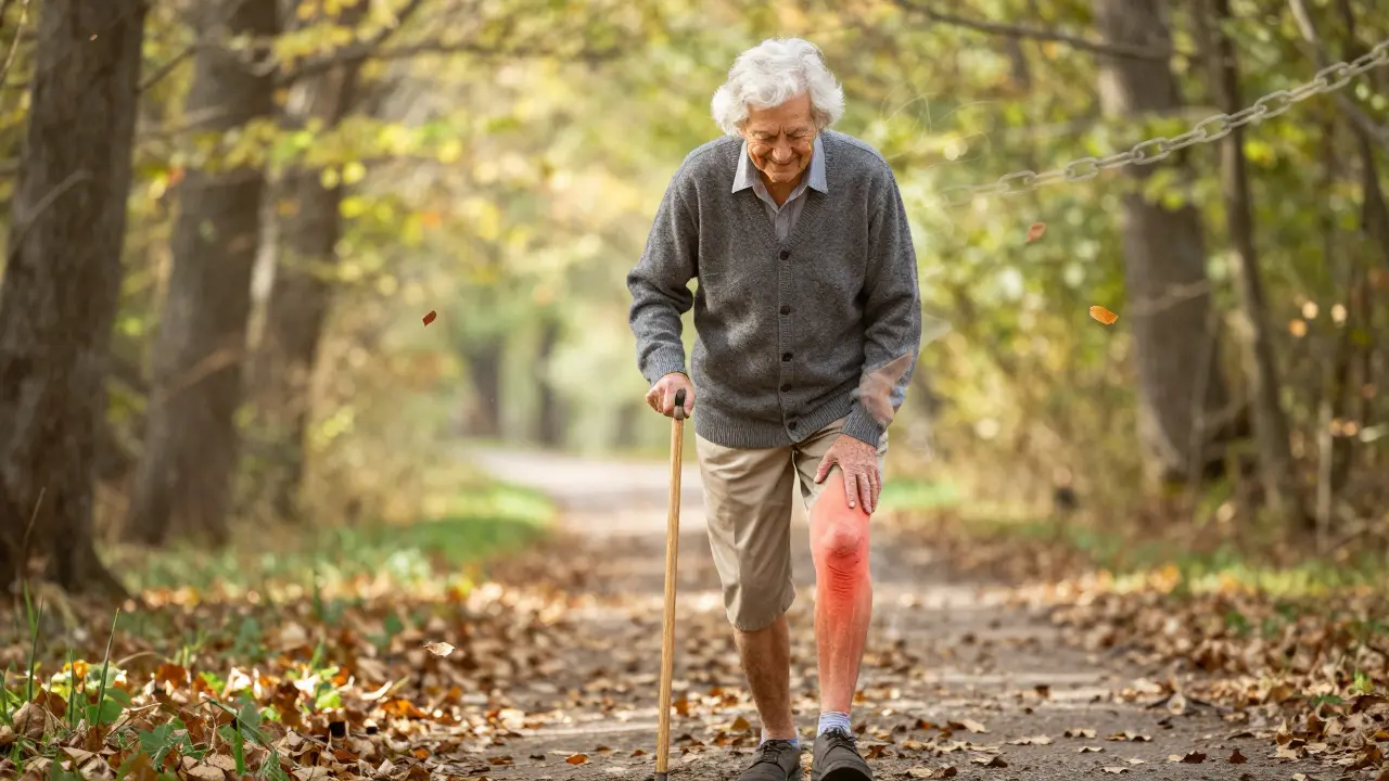 Starý muž klidně kráčí lesem po zotavení, symbolizující návrat k volnosti pohybu.