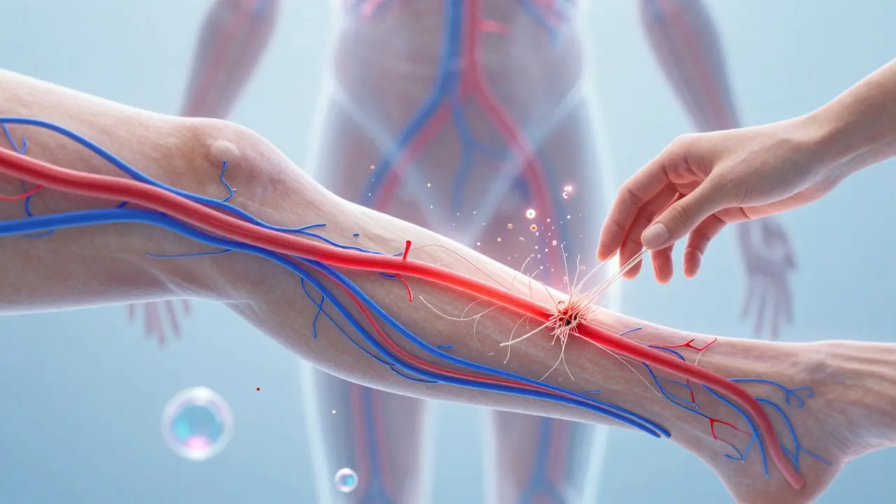 Transparenční ilustrace zvýšeného krevního oběhu a lymfatického odtoku u zraněné končetiny.