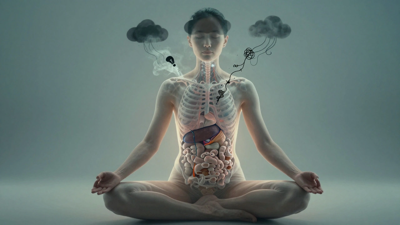 Tranzparentní postava s uvolňujícími se stresovými symboly kolem těla.