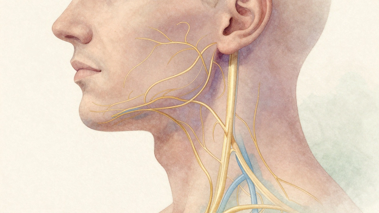 Umělecké znázornění lymfatických cest tváře a krku zlatými čarami.