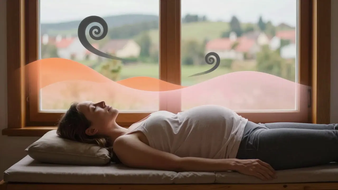 Abstraktní scéna, kde stresové tvary mizí v teplém světle během těhotenské masáže.