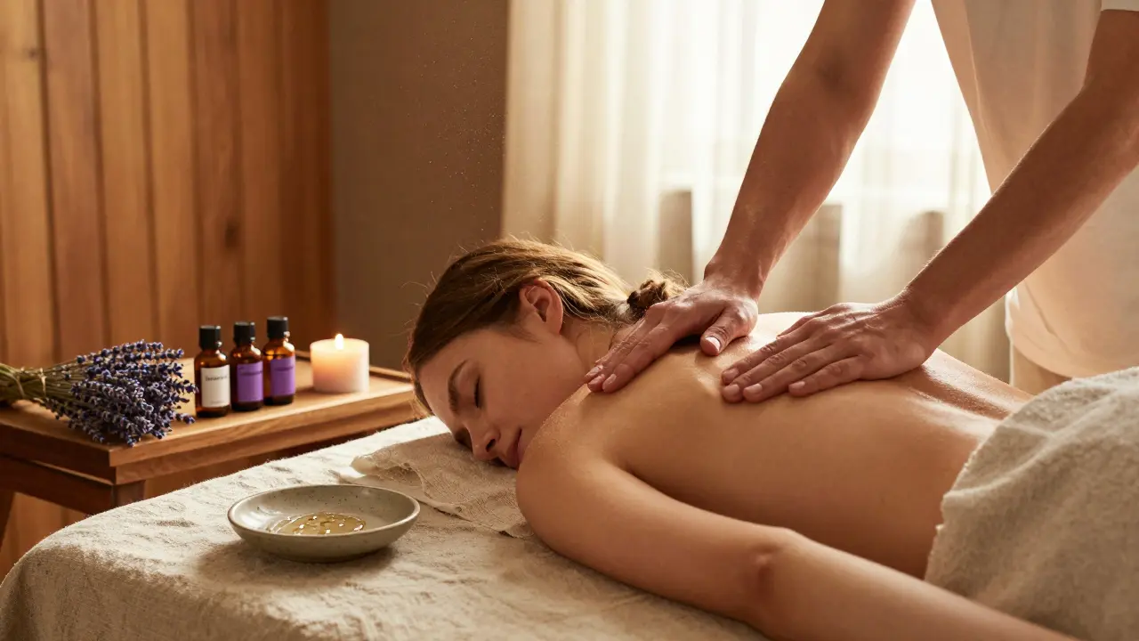 Aromaterapeutická masáž: Jak esenciální oleje pomáhají s únavou, stresem a bolestmi