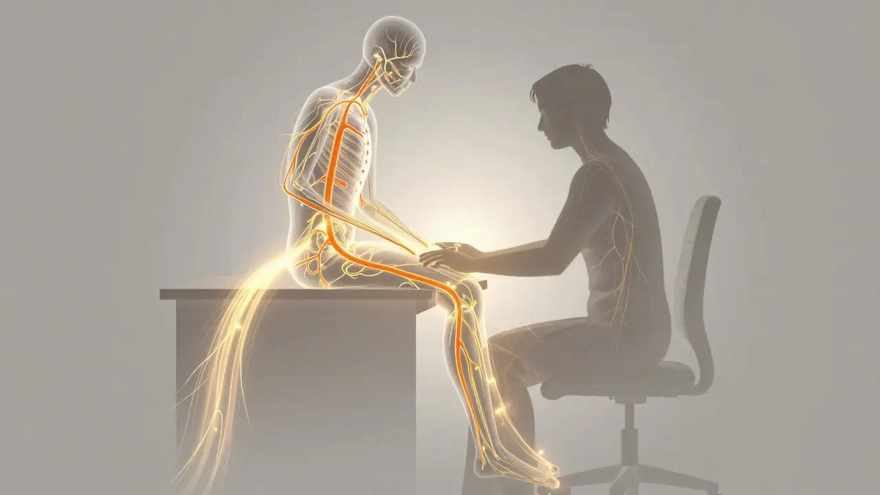 Glowing lymphatic system v kůži člověka sedícího u počítače, s proudy tekutiny směřujícími nahoru.