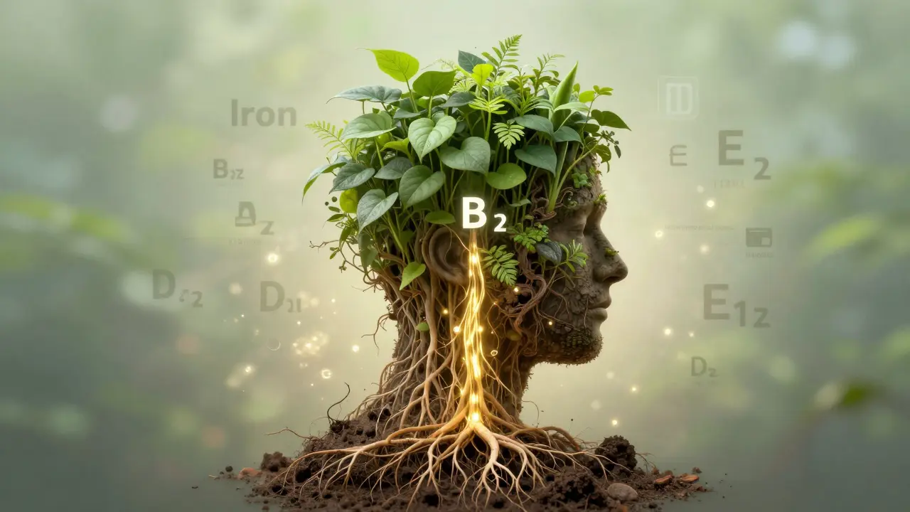 Hlava složená z rostlin a kořenů, živiny jako železo a vitamín D proudí z půdy k vlasům, symbolizující obnovu.