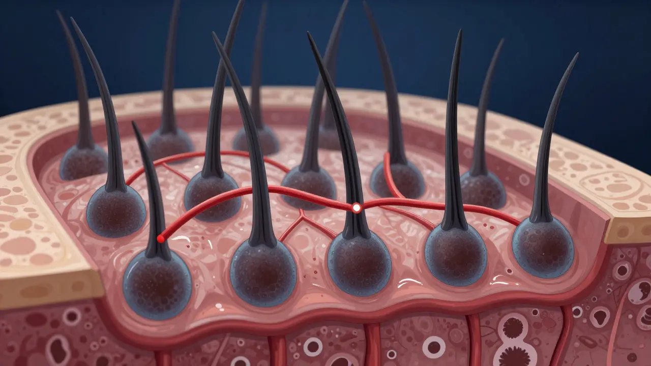 Křížový řez pokožky hlavy s aktivními a nečinnými vlasovými folikuly, znázorňující účinky minoxidilu a finasteridu.