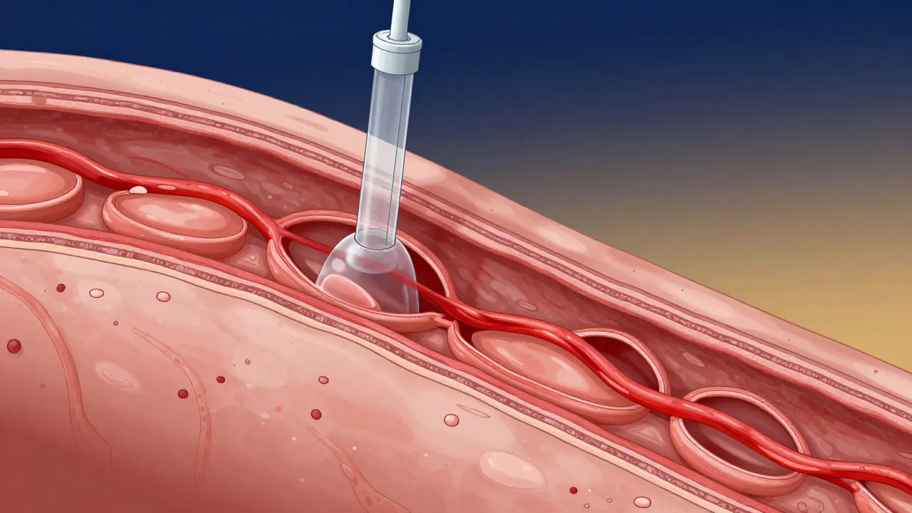 Křížový řez tkáně pod baňkou s rozšířenými kapilárami a uvolňujícími fasciemi.