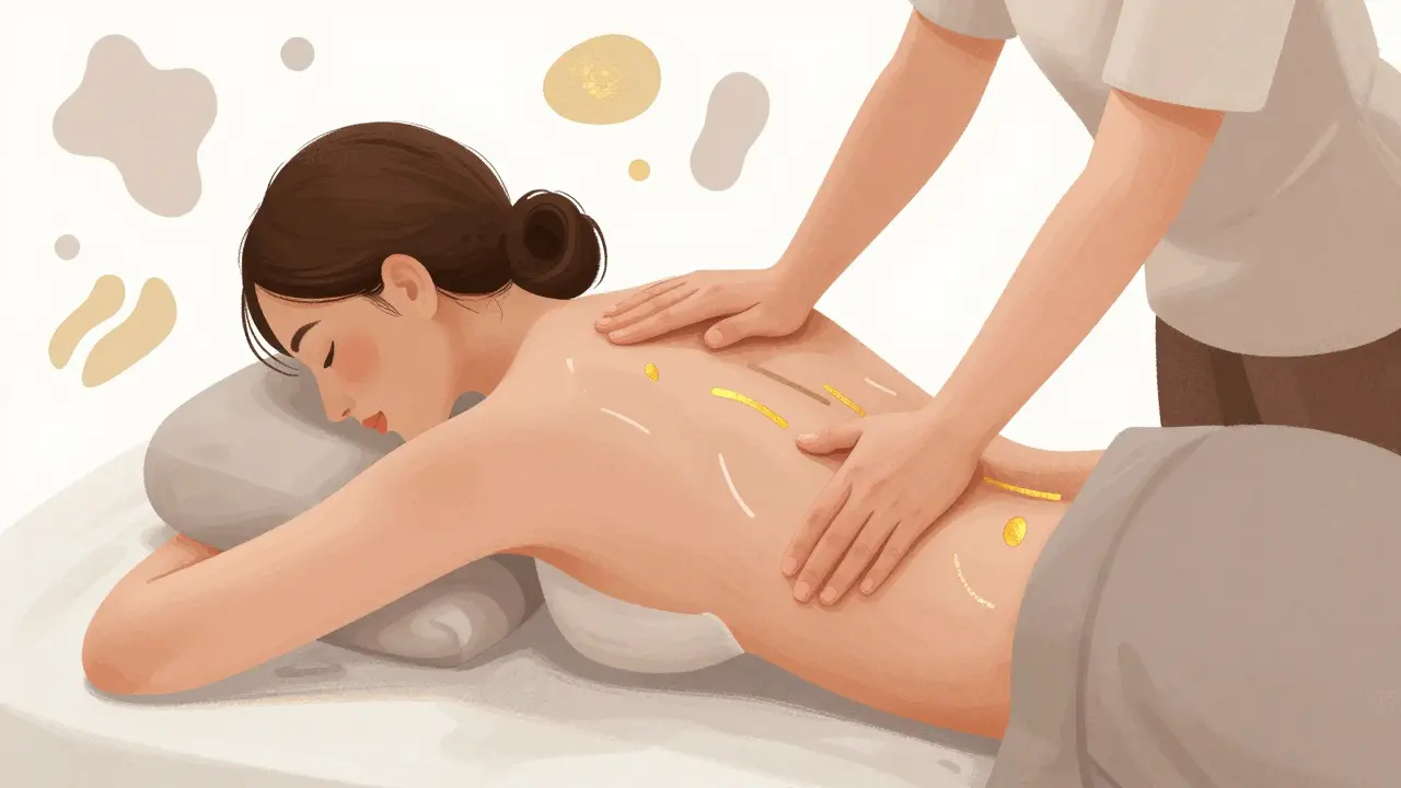 Maséřka pomáhá nové matce uvolnit bolest v zádech a kyčlích.