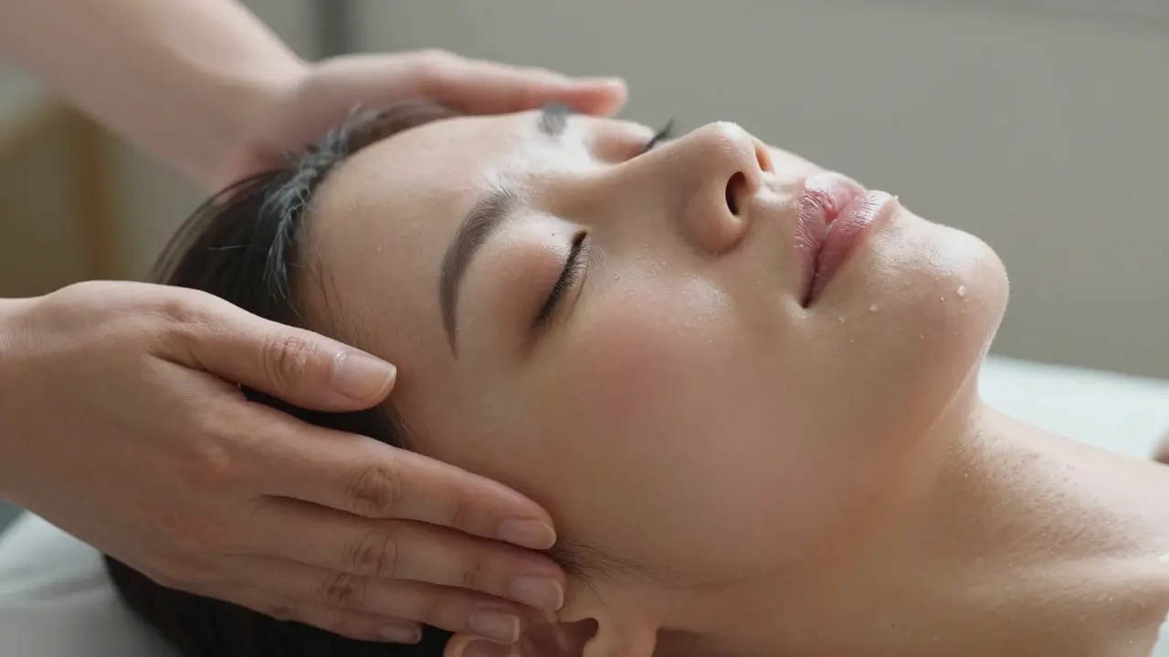 Před a po lymfatické masáži obličeje: jedna strana otoklá, druhá zářící a odpočatá.