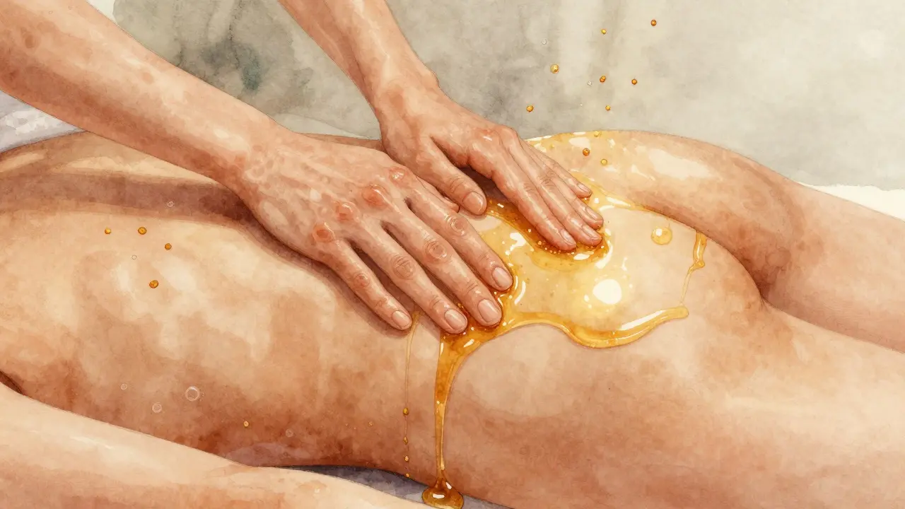 Přirozený přechod kůže z drsné a nezdravé na hladkou a zářivou po medové masáži, s jemnými stopami medu.