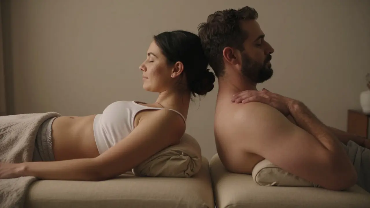 Rodiče společně obdrží lehkou masáž doma, podporují se navzájem.