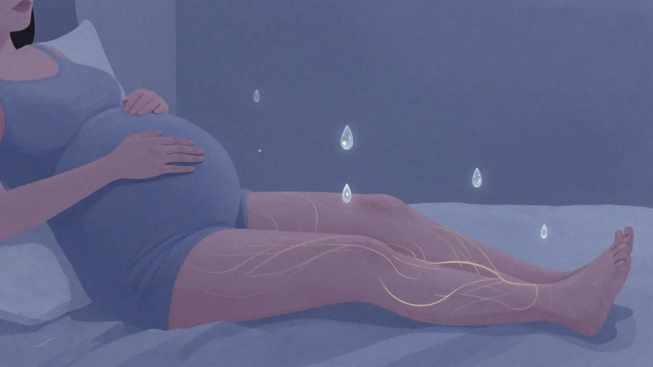 Těhotná žena v klidné místnosti, s vizuálními linkami symbolizujícími uvolnění otoků z nohou.