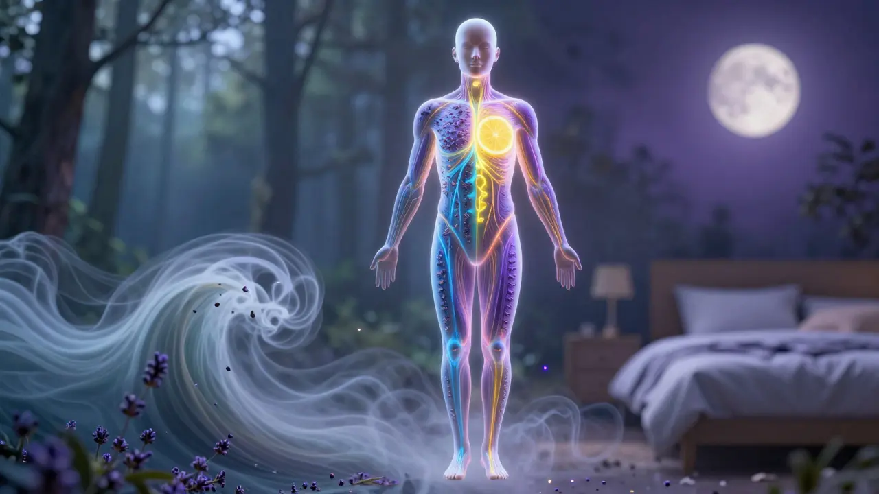 Transparentní silueta s barvami představujícími účinky esenciálních olejů na tělo a mysl.