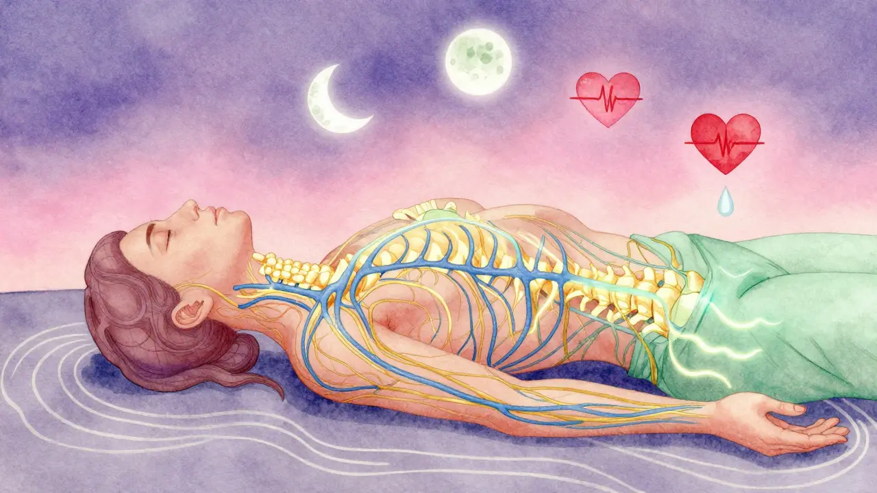 Vodová barva ilustrace lidského nervového systému přecházejícího ze stresu do klidu, s symboly melatonINU a kortizolu.