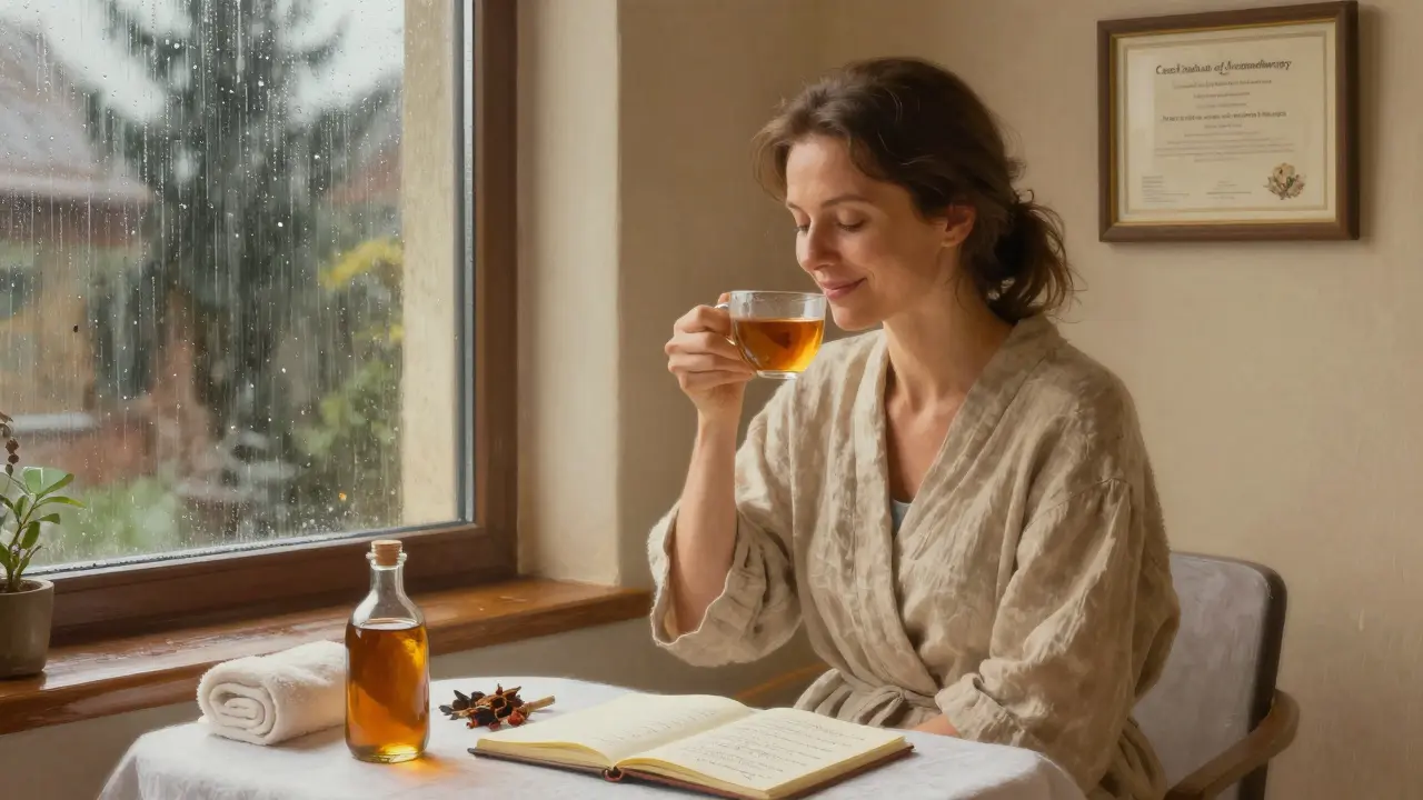 Žena po aromaterapeutické masáži pije čaj v českém wellness centru, cítí klid a obnovu.