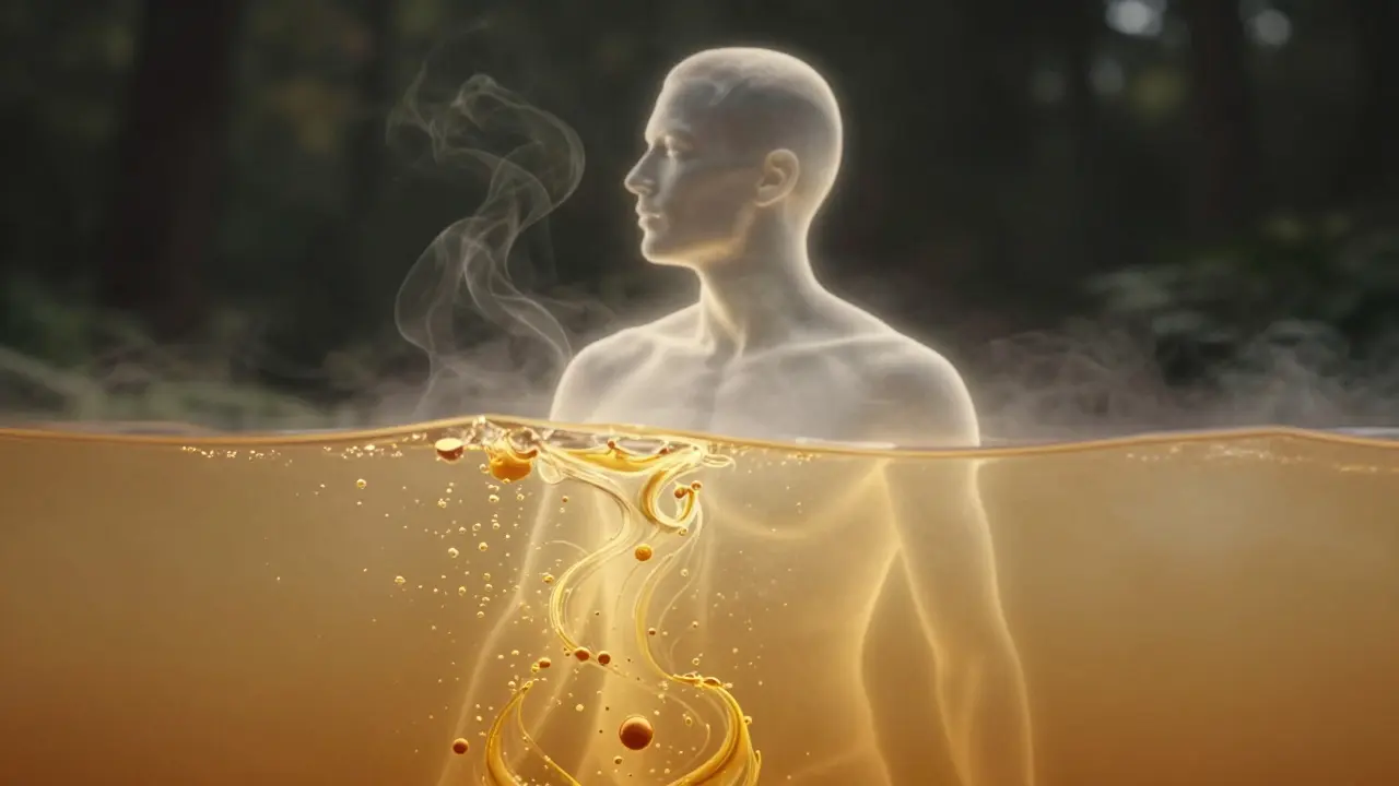 Zlatý zářivý proud vycházející z těla symbolizuje uvolnění toxinů a obnovu energie po medové masáži.