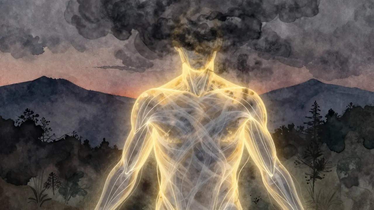 Abstraktní silueta člověka s vyrovnávajícími se energetickými proudy, které odstraňují stres.