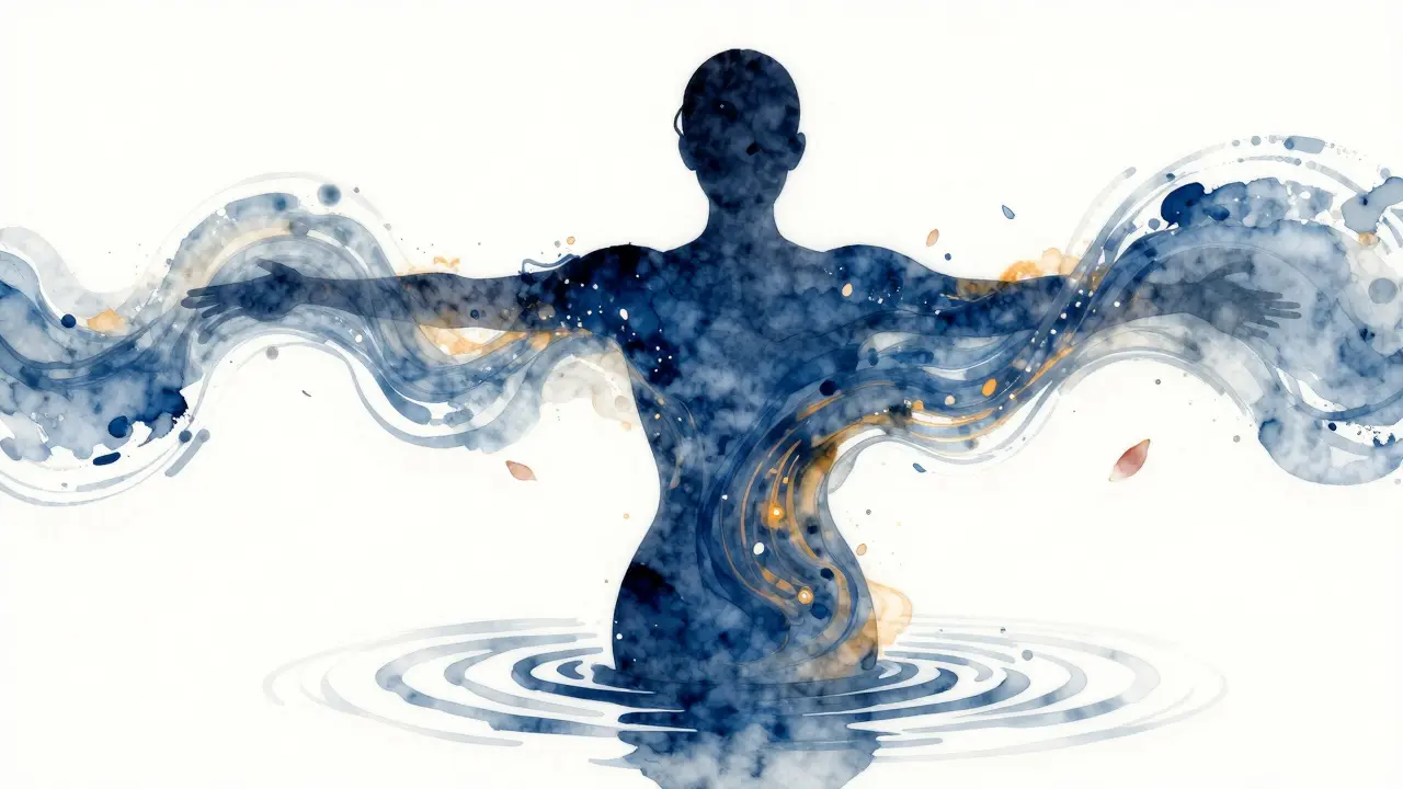 Abstraktní vyjádření uvolnění napětí tělem, kdy se postava mění v vlny světla a barvy.